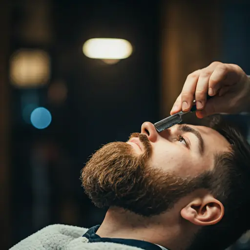 Barber hands detailing a beard with a straight razor, focused lighting, professional grooming atmosphere