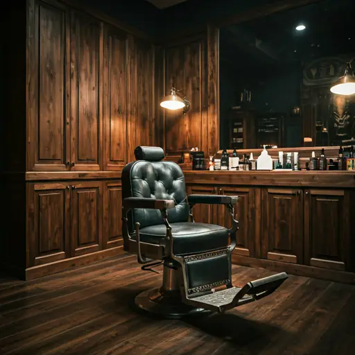 Moody cinematic shot of a vintage leather barber chair in a dimly lit high-end salon with rich walnut wood accents