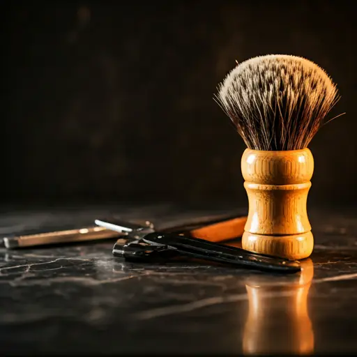 Close-up of luxury barber tools, straight razor and brush on a dark marble surface with warm amber lighting